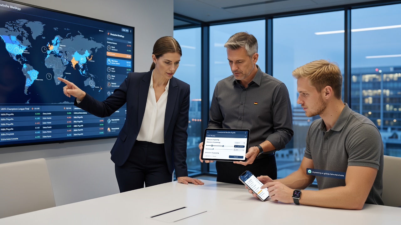 Schnittstelle einer deutschen Wett-App mit Zeitumrechnung und Live-Event-Kalender