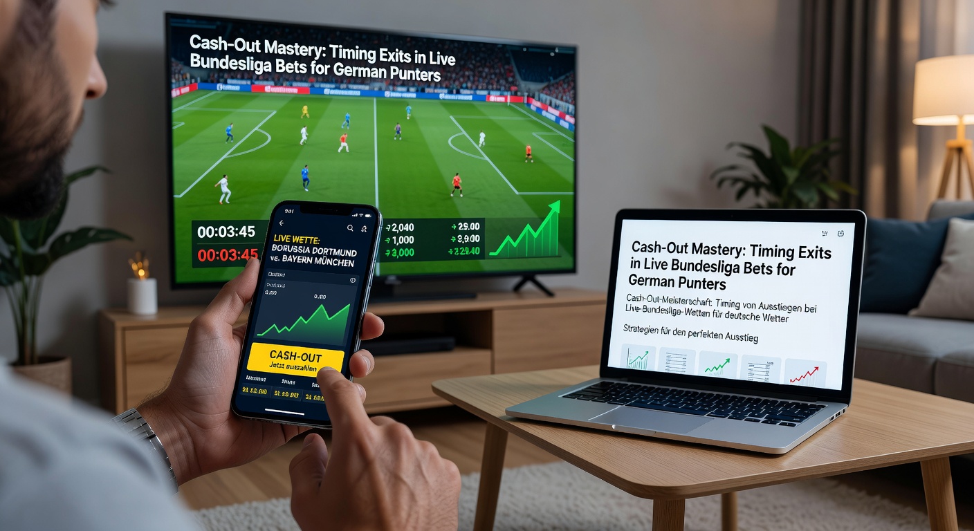Dynamische Grafik eines Live-Bundesliga-Spiels mit Cash-Out-Optionen auf dem Wettscreen, die Gewinne in Echtzeit visualisiert